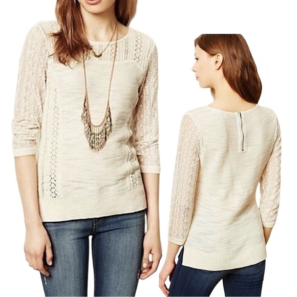 Knitted & Knotted Coquette Cream Lace Sleeve Sweater Texture Cotton Rear Zip SzM - Picture 4 of 16